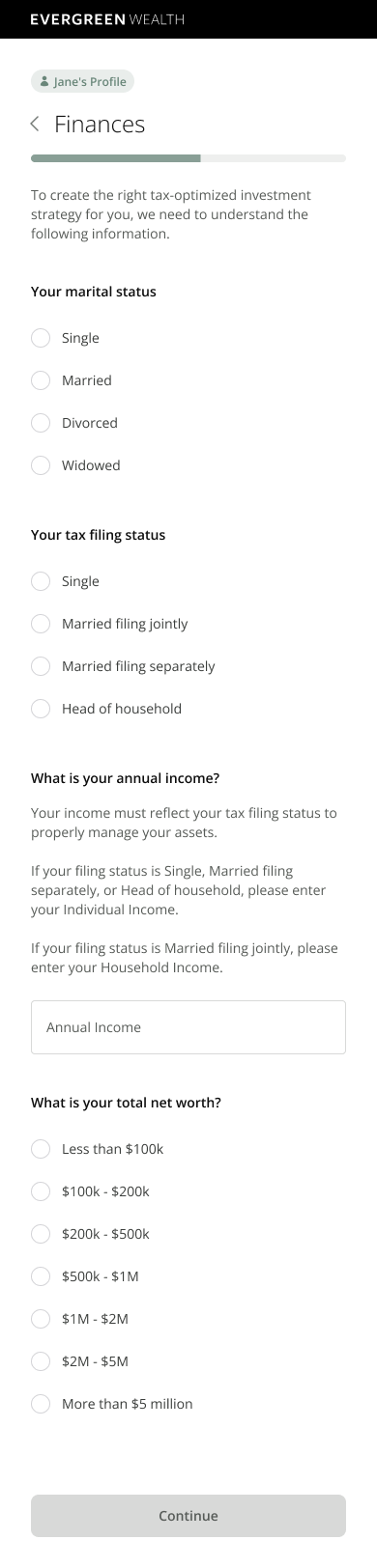 Evergreen Wealth finances screen labeled for one account holder