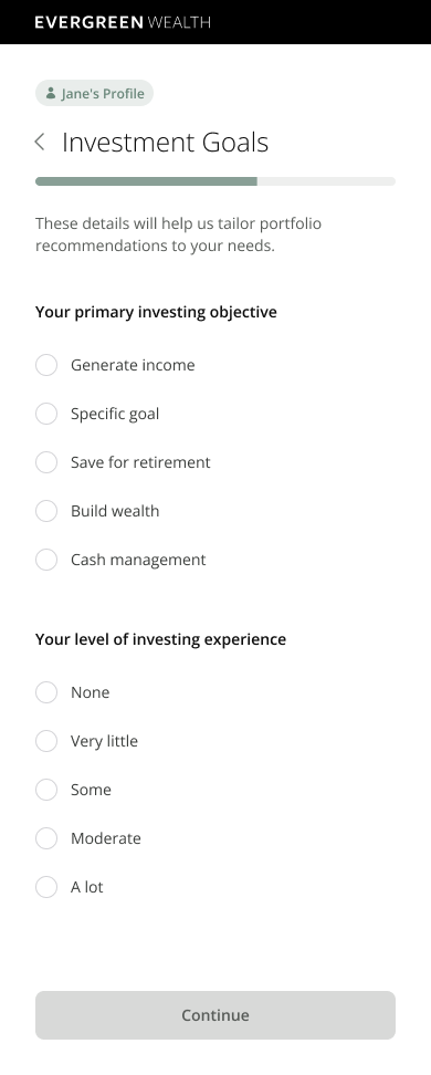 Evergreen Wealth investment goals screen labeled for one account holder