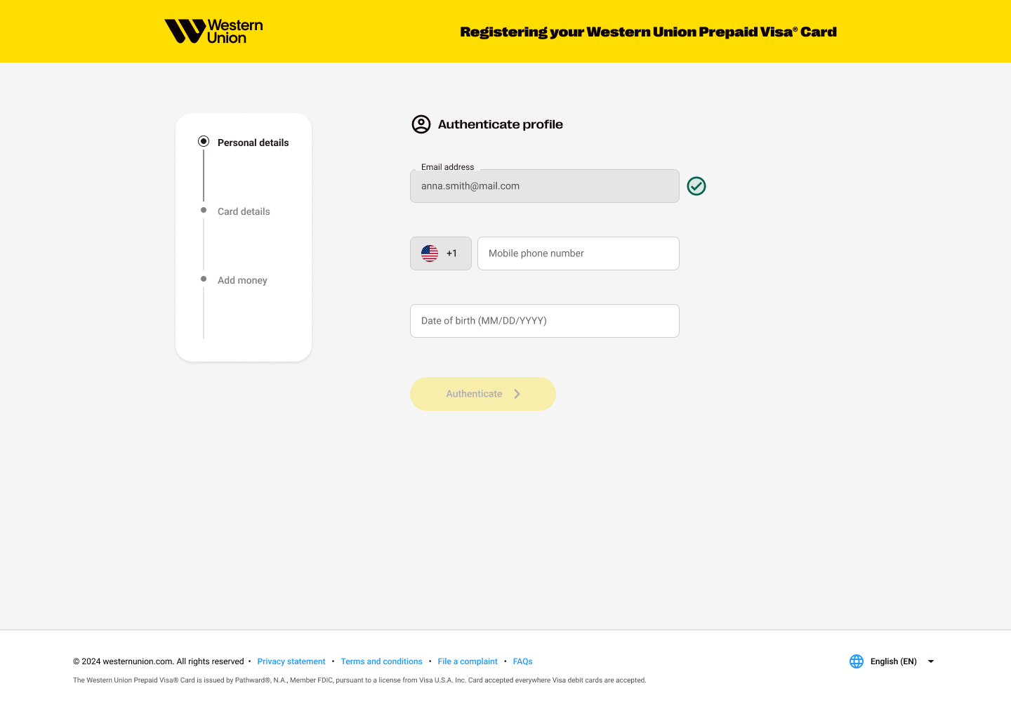 Desktop profile authentication screen with a persistent vertical progress indicator