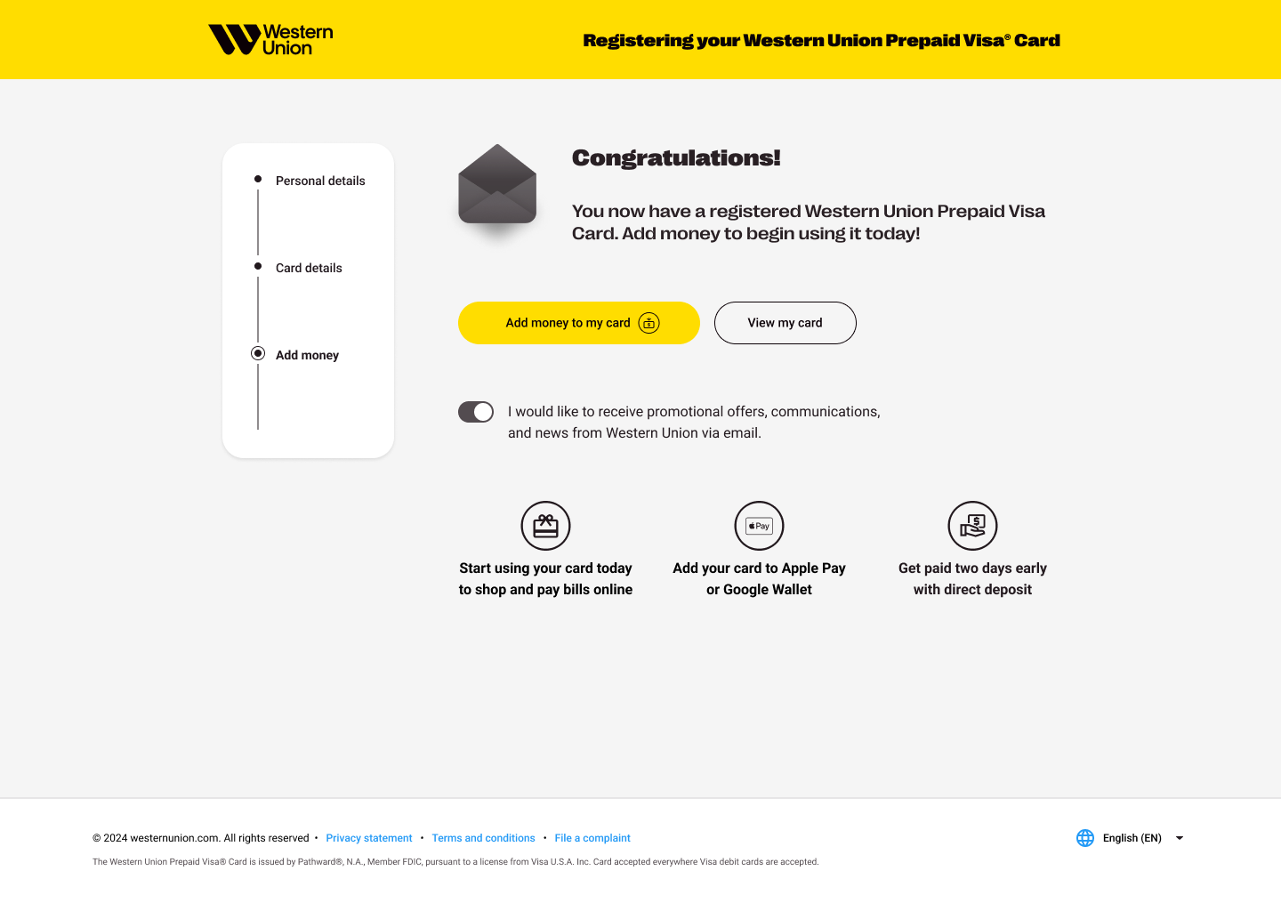 Desktop registration success screen with options to add money or view the card
