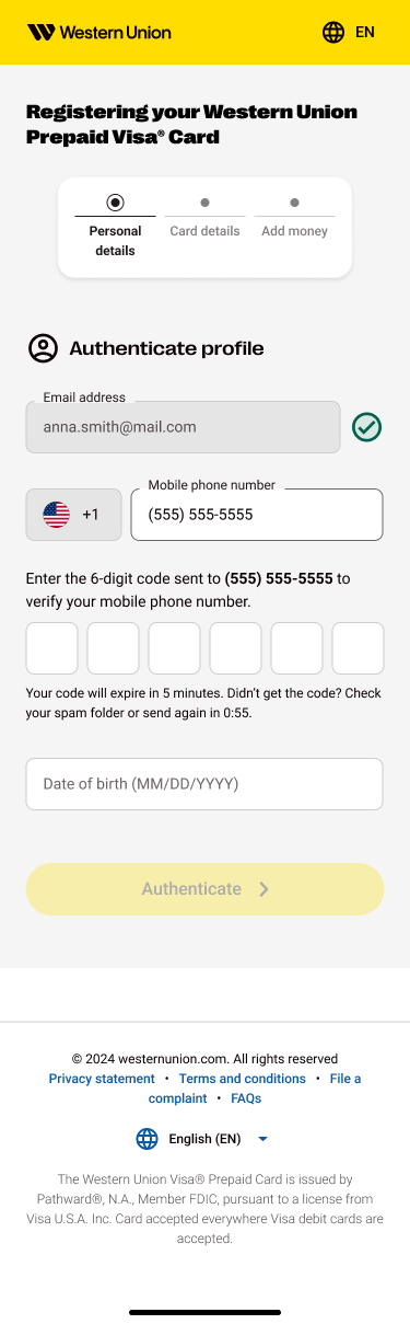 Updated mobile registration screen for verifying a phone number with a six-digit code