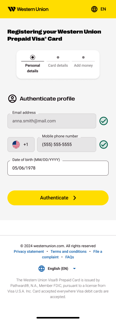 Updated mobile registration screen with verified contact information and date of birth