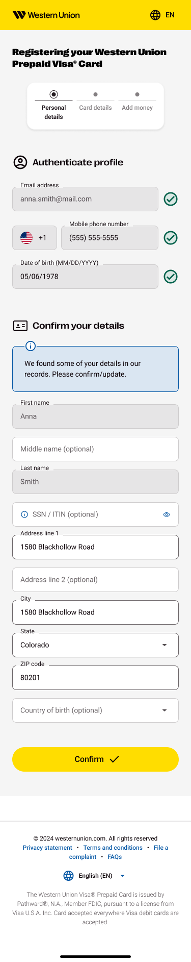 Updated mobile screen for confirming personal details found in Western Union records