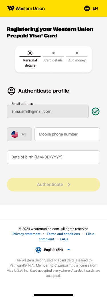 Updated mobile prepaid card profile authentication screen