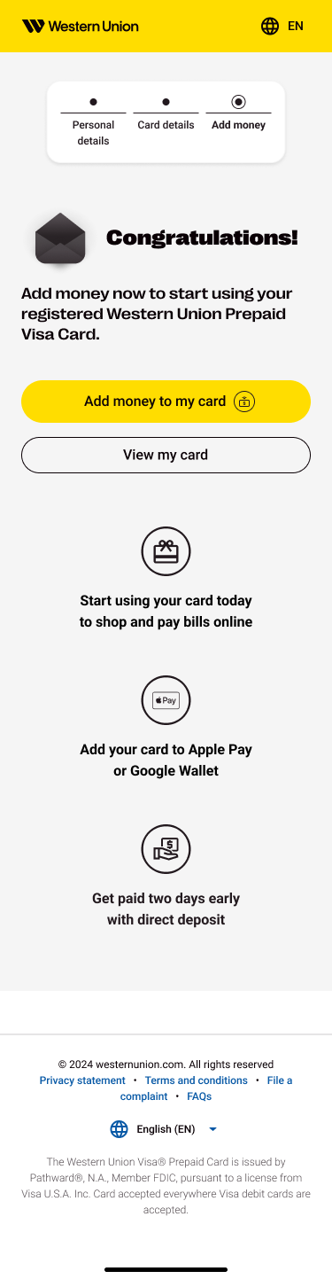 Updated mobile prepaid card registration success screen