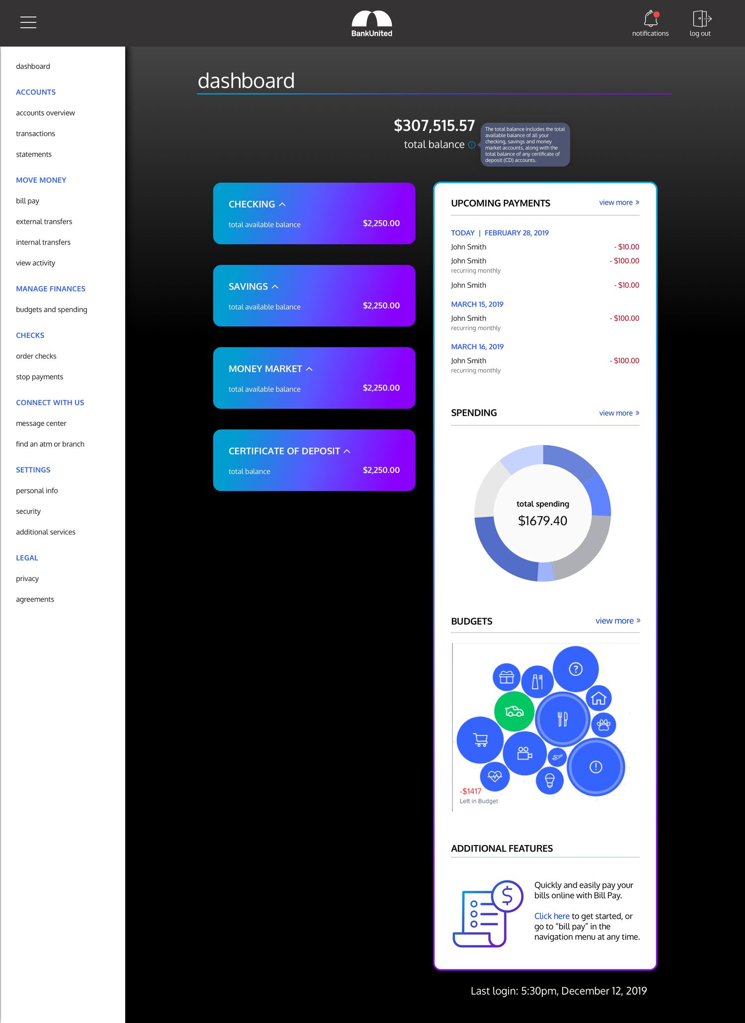 Desktop dashboard with a tooltip open explaining what the total balance includes