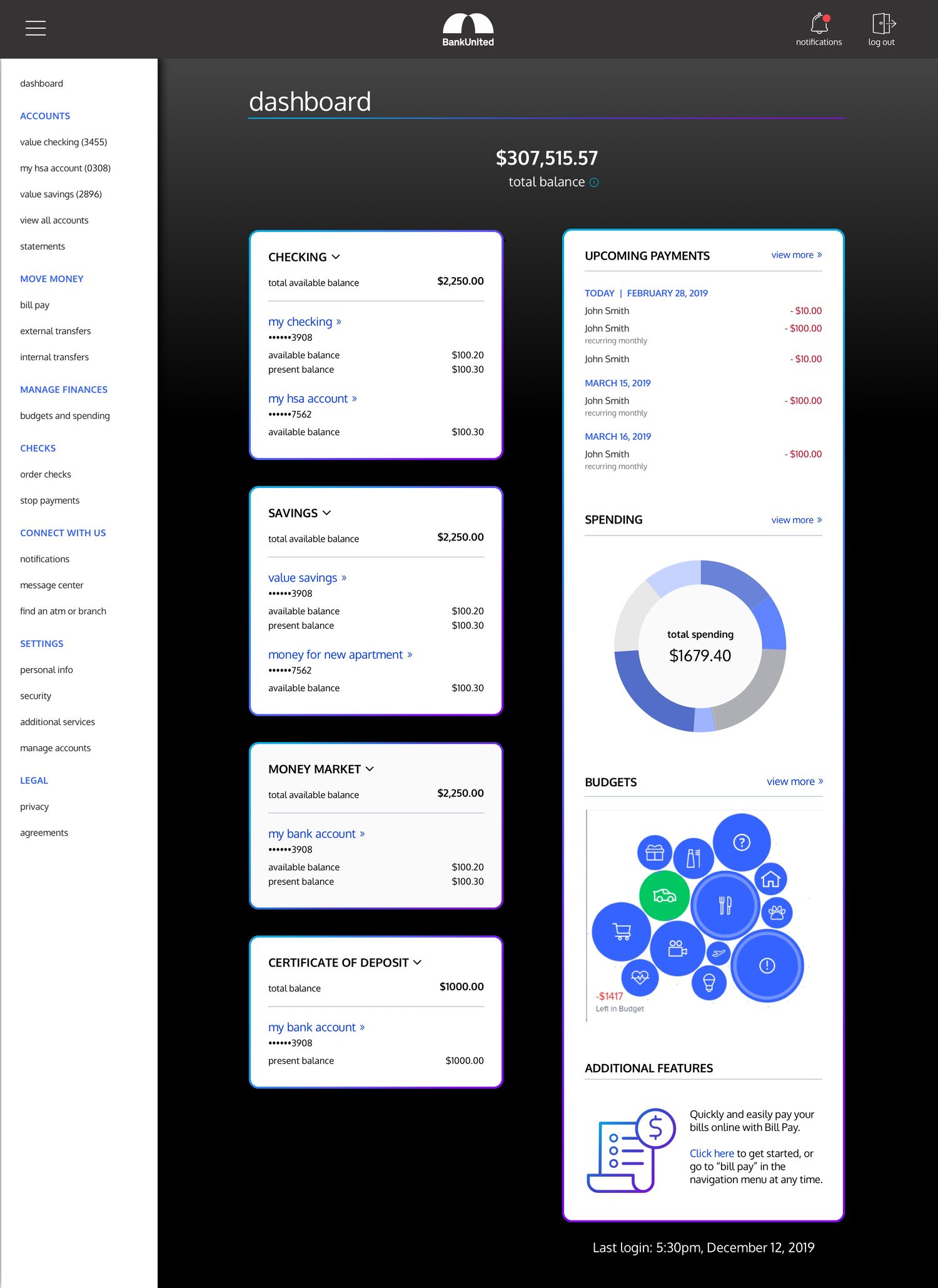 BankUnited desktop dashboard with large white content panels on a dark canvas