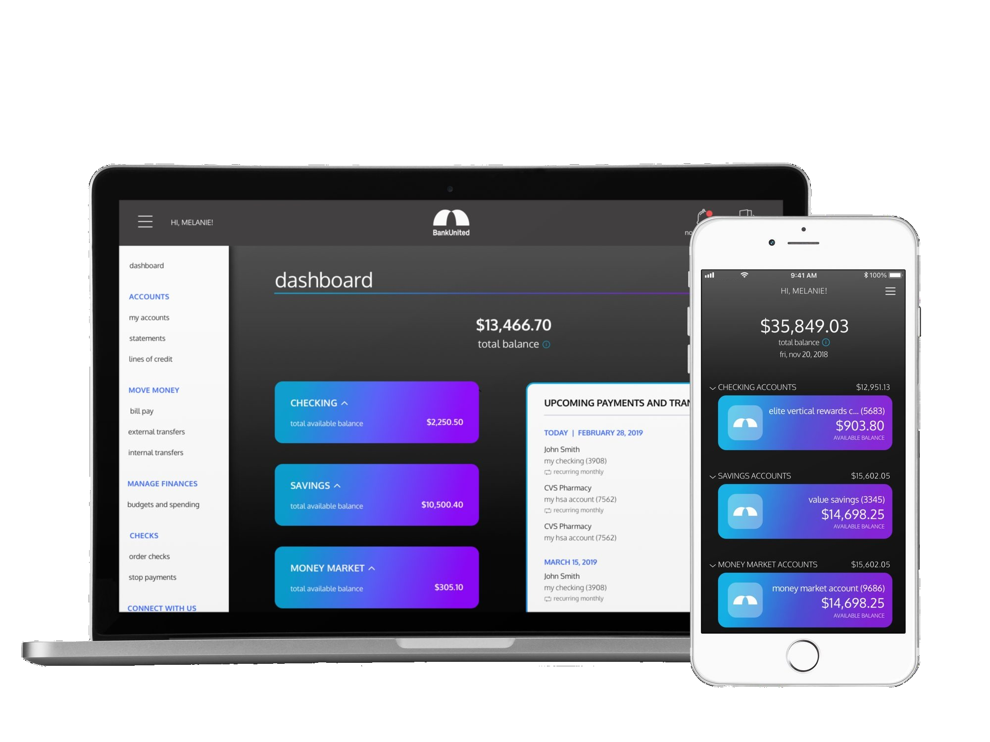 BankUnited digital banking shown on a laptop and an iPhone