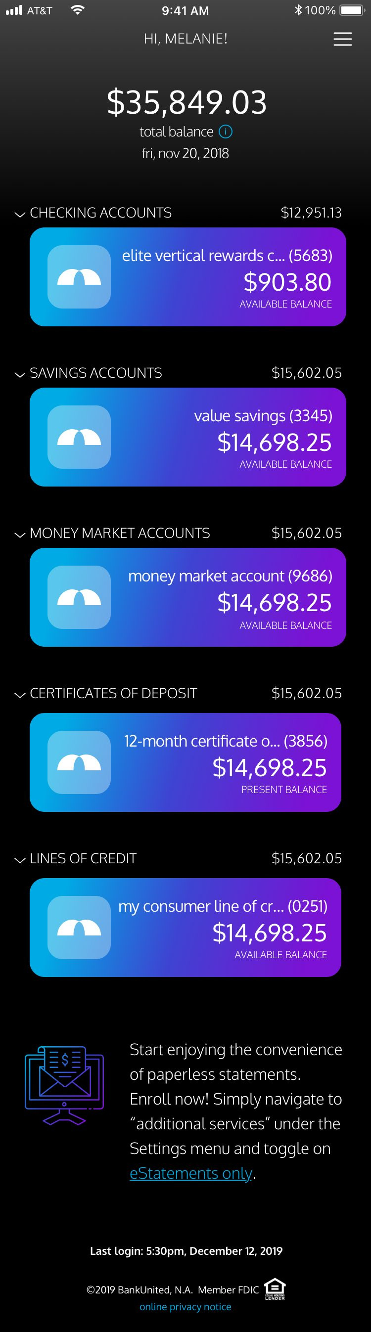 Redesigned BankUnited mobile dashboard showing total balance and grouped accounts