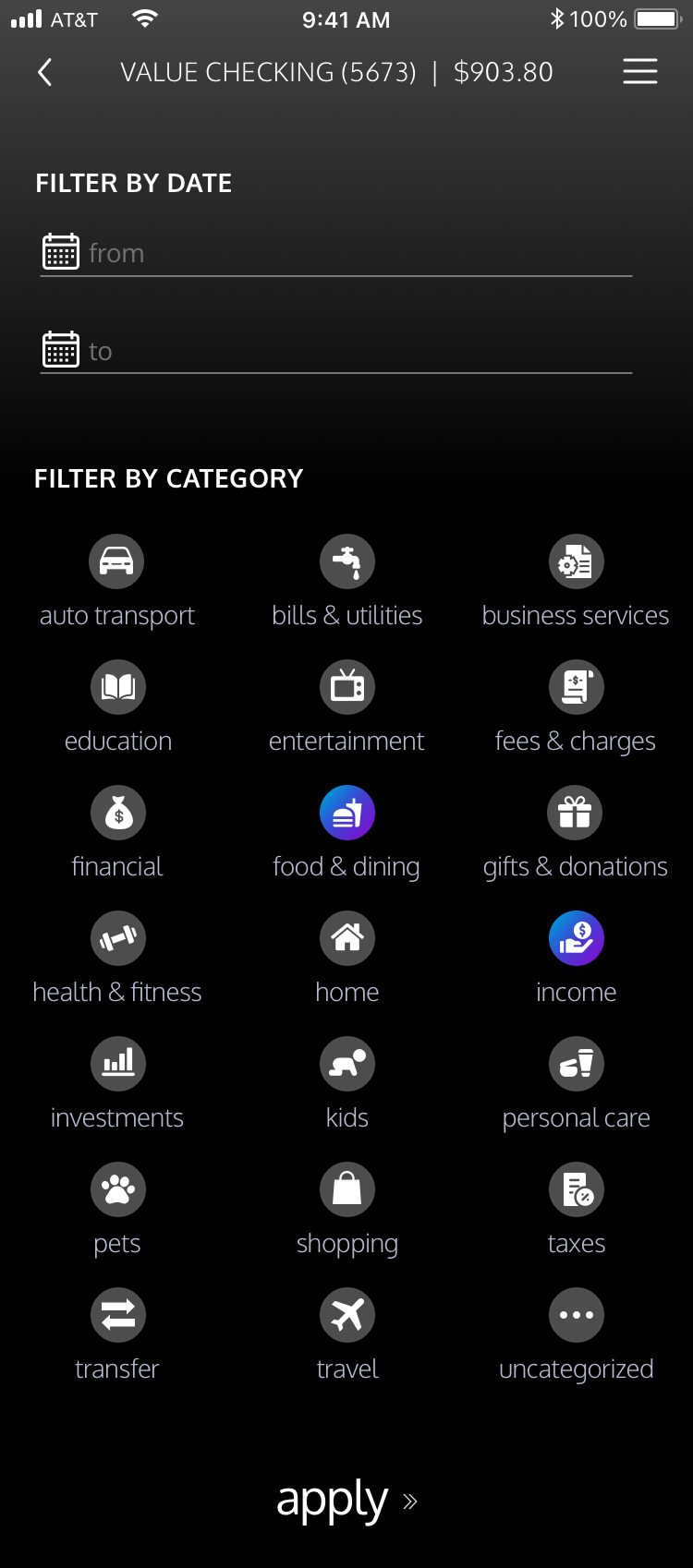 Mobile transaction filters by date and category