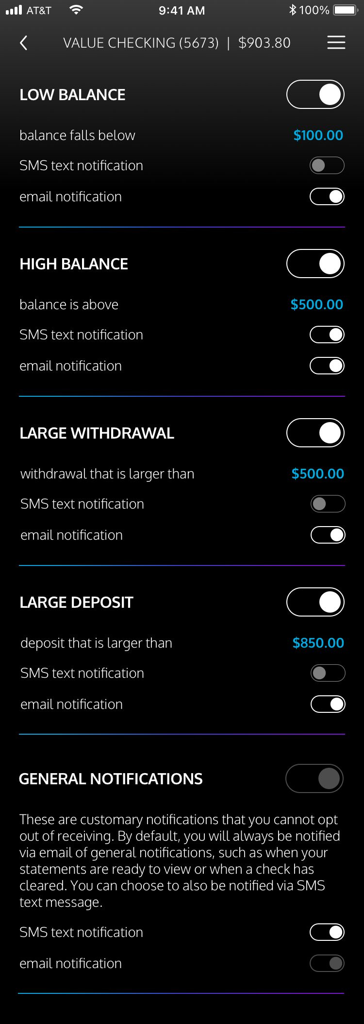 Mobile notification settings with thresholds and delivery toggles