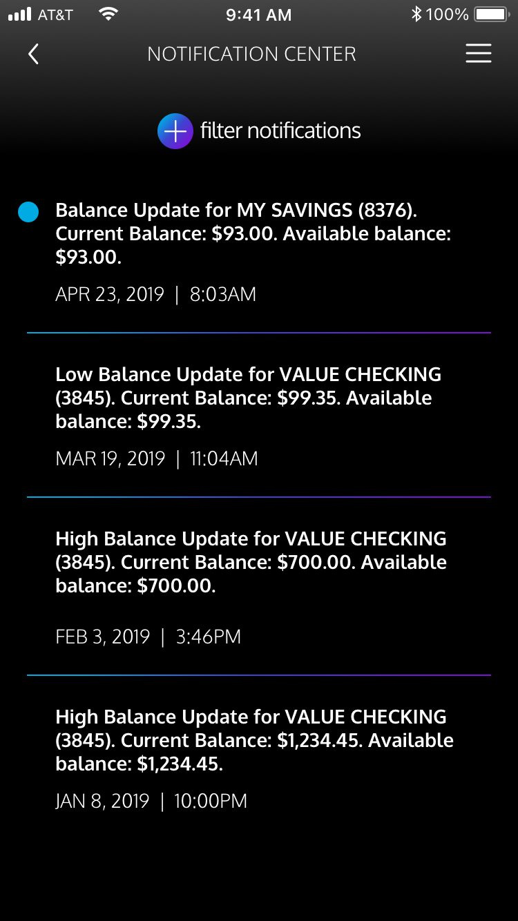 Mobile Notification Center listing account alerts