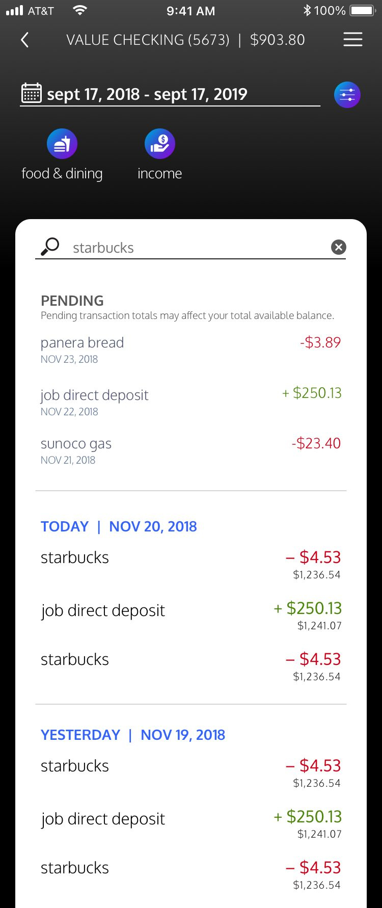 Mobile transaction search with a running balance after every line