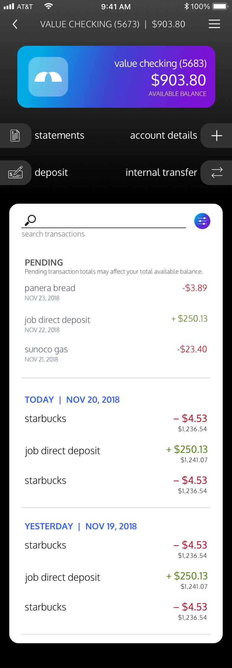 Redesigned transactions with search, pending items, and a running balance