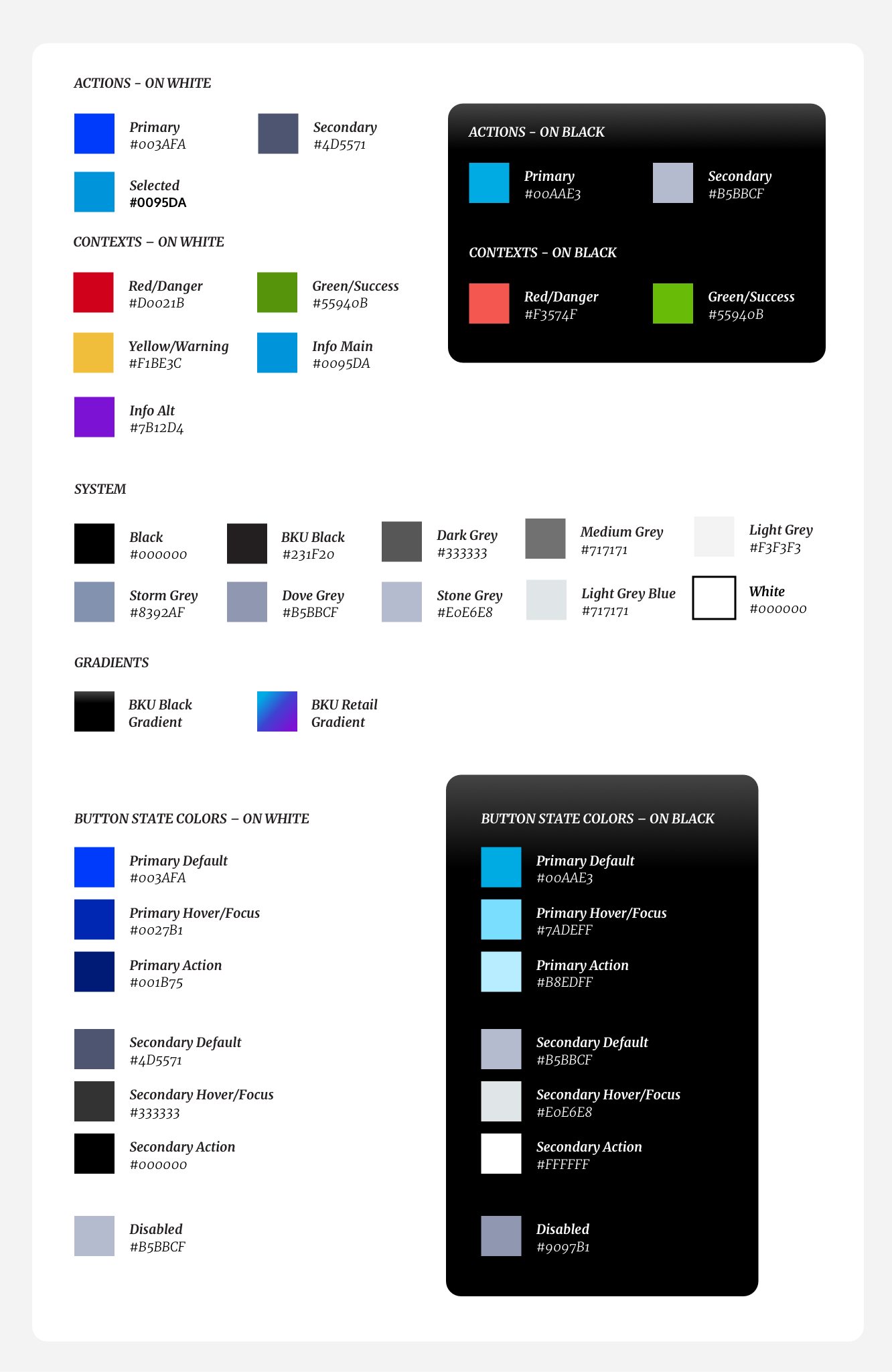 Color sheet: every color with a name, hex, and usage rule