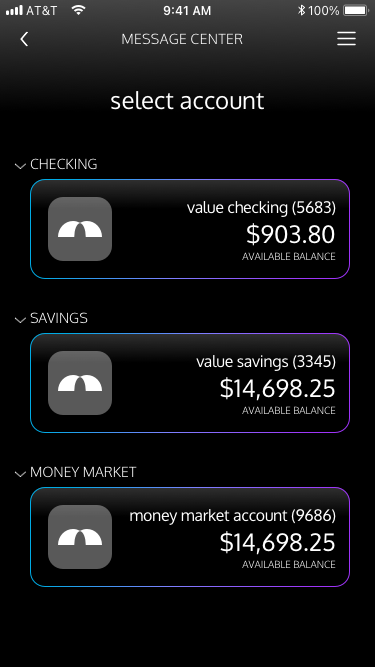 Message Center account picker using grouped account modules