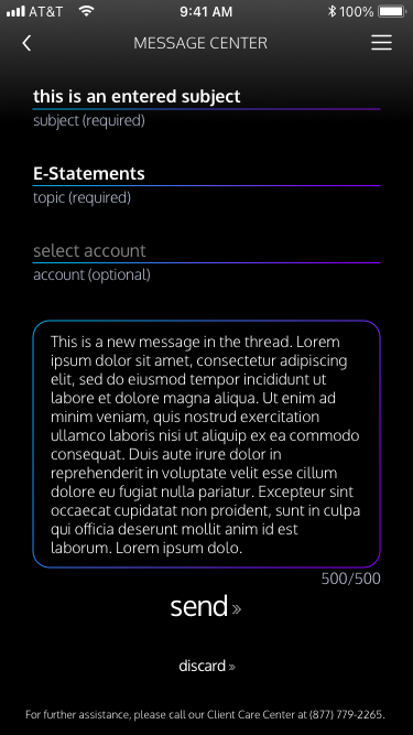 Compose message form with subject, category, optional account, and message