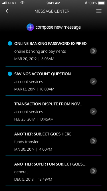 Message Center inbox showing customer conversations by subject and category