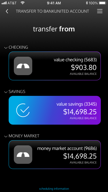 Source account selection with the savings account tapped: it fills with the brand gradient and shows a checkmark, while checking and money market stay unselected