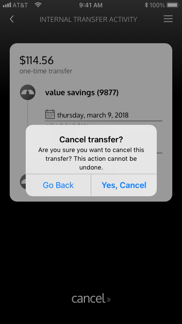 Confirmation dialog for canceling a scheduled transfer