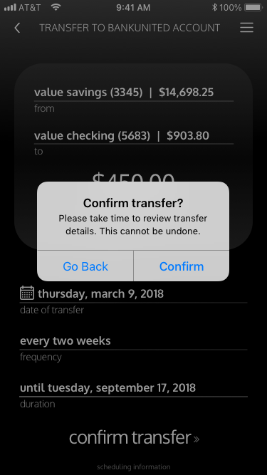 Confirmation dialog over a scheduled recurring transfer