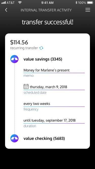 Successful recurring transfer with source, destination, memo, date, frequency, and duration