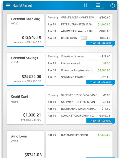Original BankUnited mobile dashboard with dense account and transaction panels