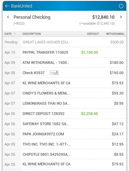 Original BankUnited mobile transaction history