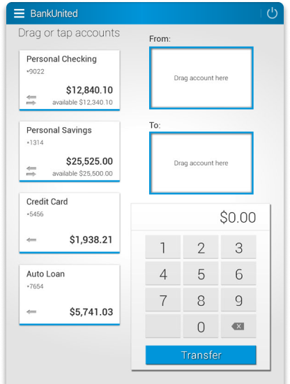Original BankUnited mobile transfer interface using drag-and-drop account panels