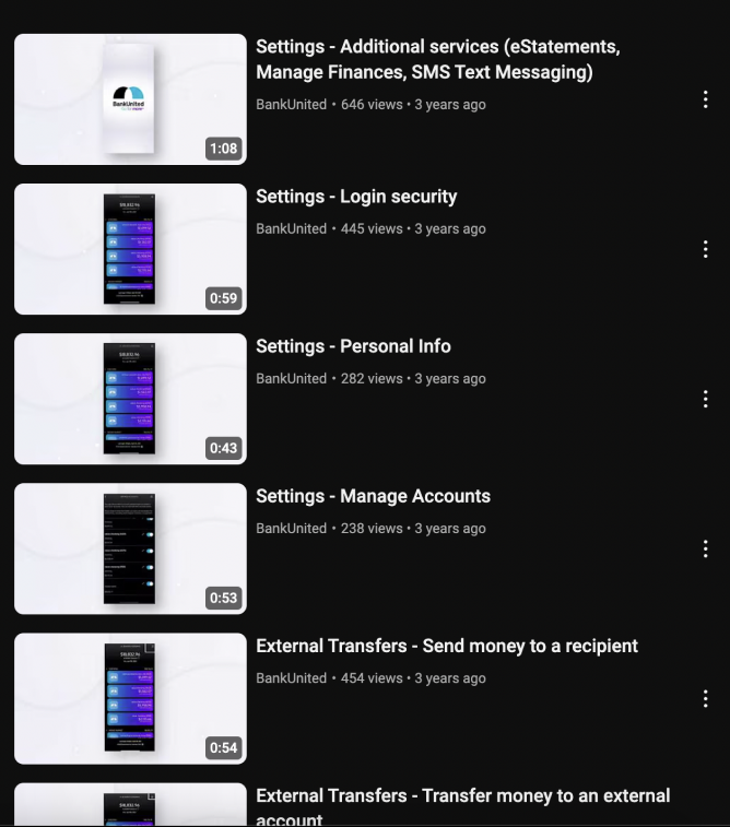 BankUnited YouTube tutorial playlist promoting the new digital banking application