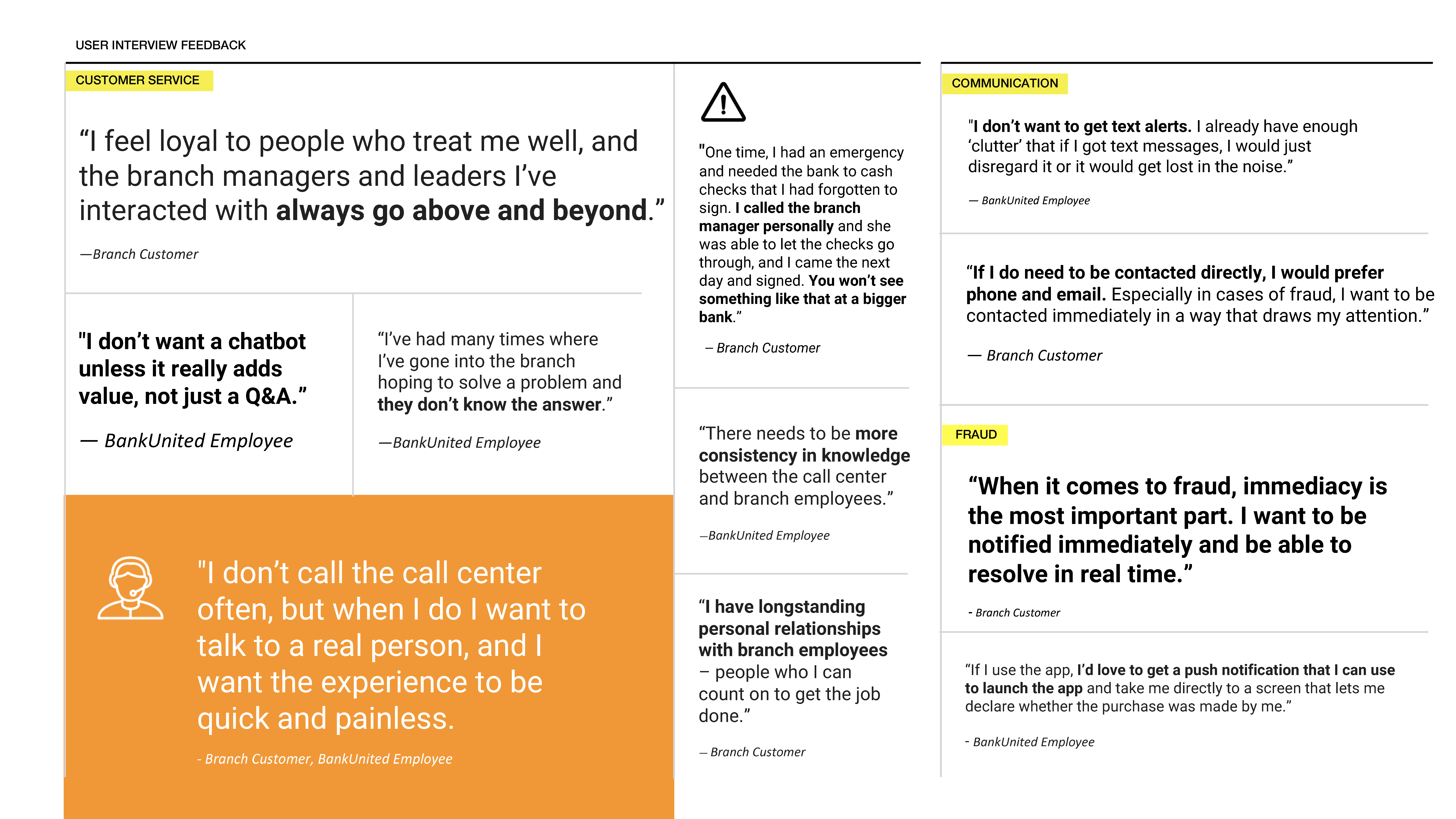 Interview findings about customer service, communication, and fraud