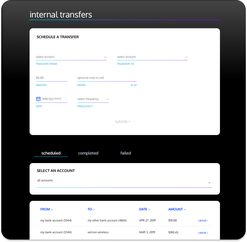 Redesigned BankUnited internal transfers with labeled fields, scheduling, and transfer history