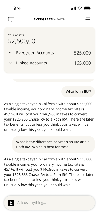 Proposed Evergreen Wealth home screen with chat open and the Accounts module visible