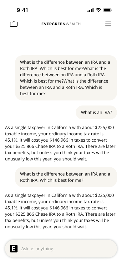 Proposed Evergreen Wealth home screen with Evergreen Intelligence chat open