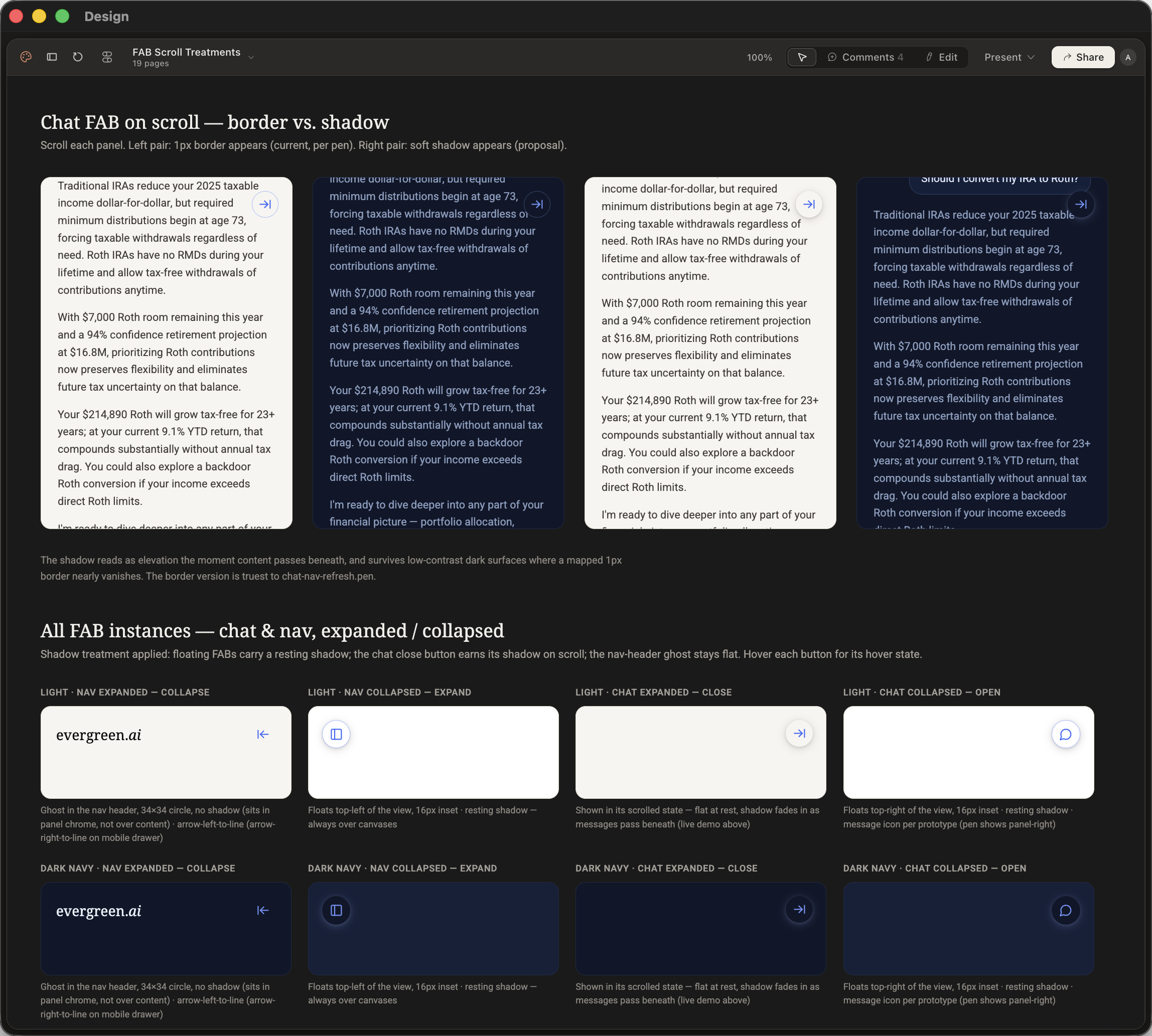 A Claude Design file comparing two floating button treatments: a 1px border and a soft shadow, each shown in the light and dark navy themes, above all eight chat and navigation instances in expanded and collapsed states