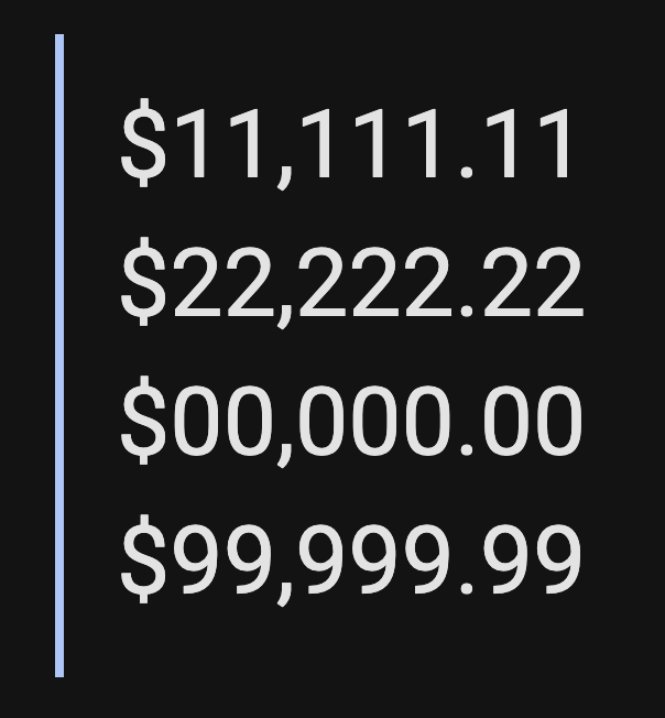 Four dollar amounts demonstrating that Heebo numerals occupy equal widths