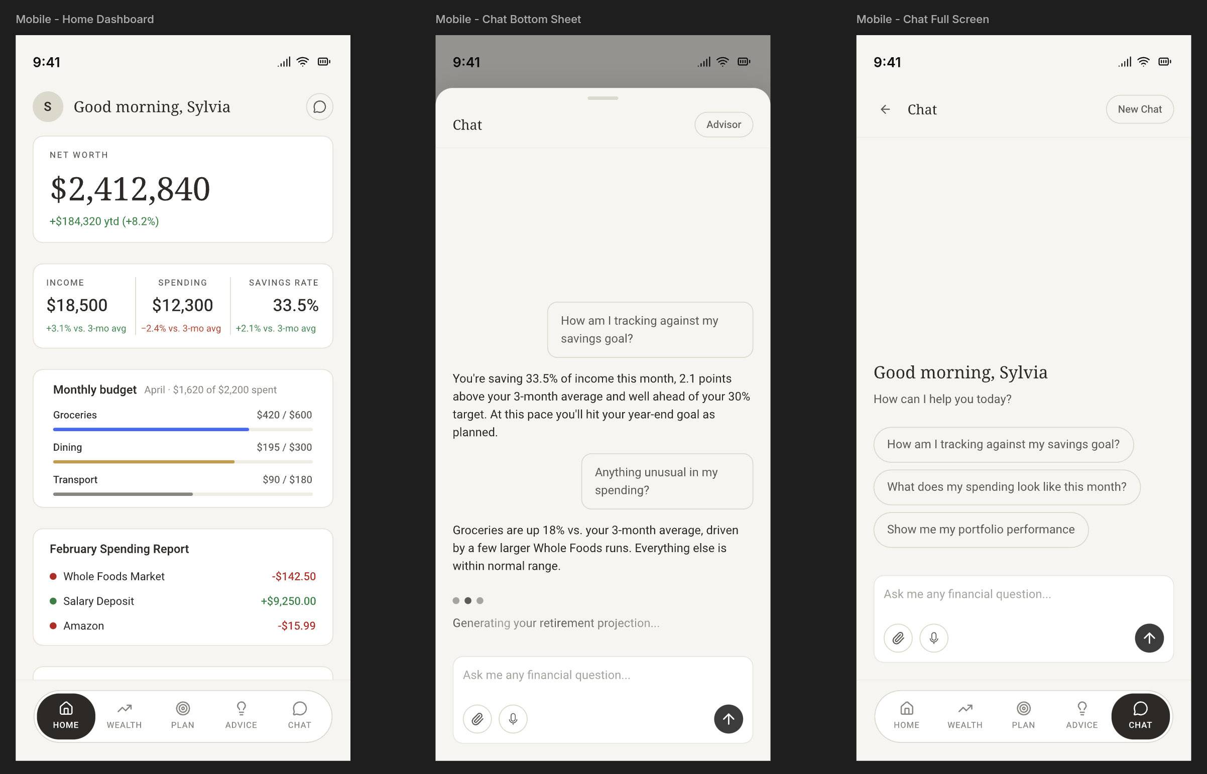 Three early mobile directions: a personal financial management dashboard, chat as a bottom sheet over the dashboard, and a full-screen chat experience