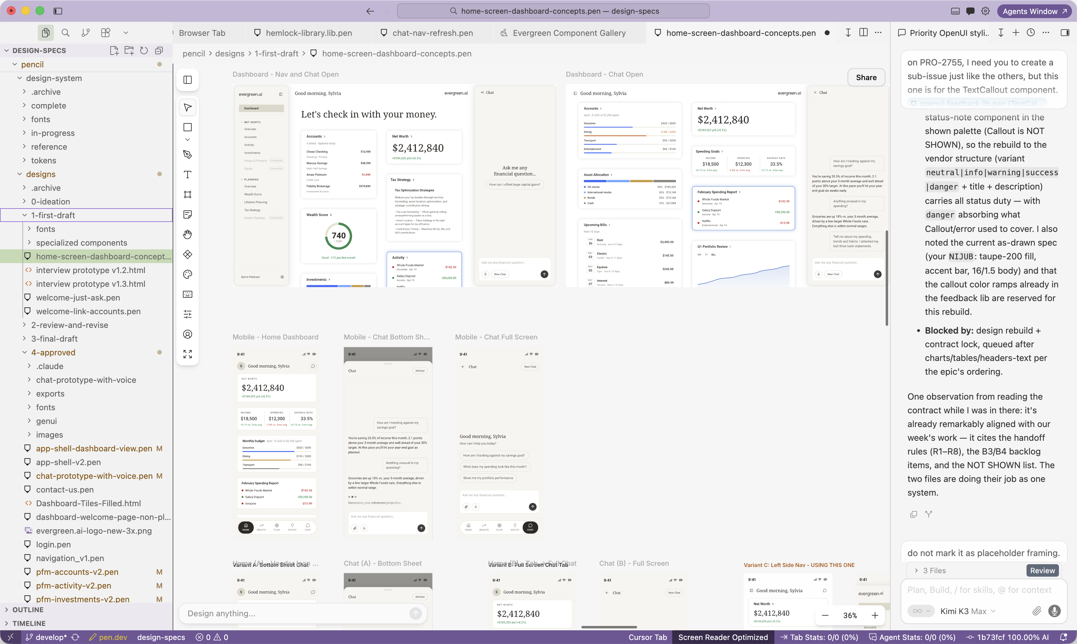 The Pen.dev canvas open in Cursor, showing desktop and mobile dashboard concepts beside the design-specs repository tree and an agent working in the right-hand panel
