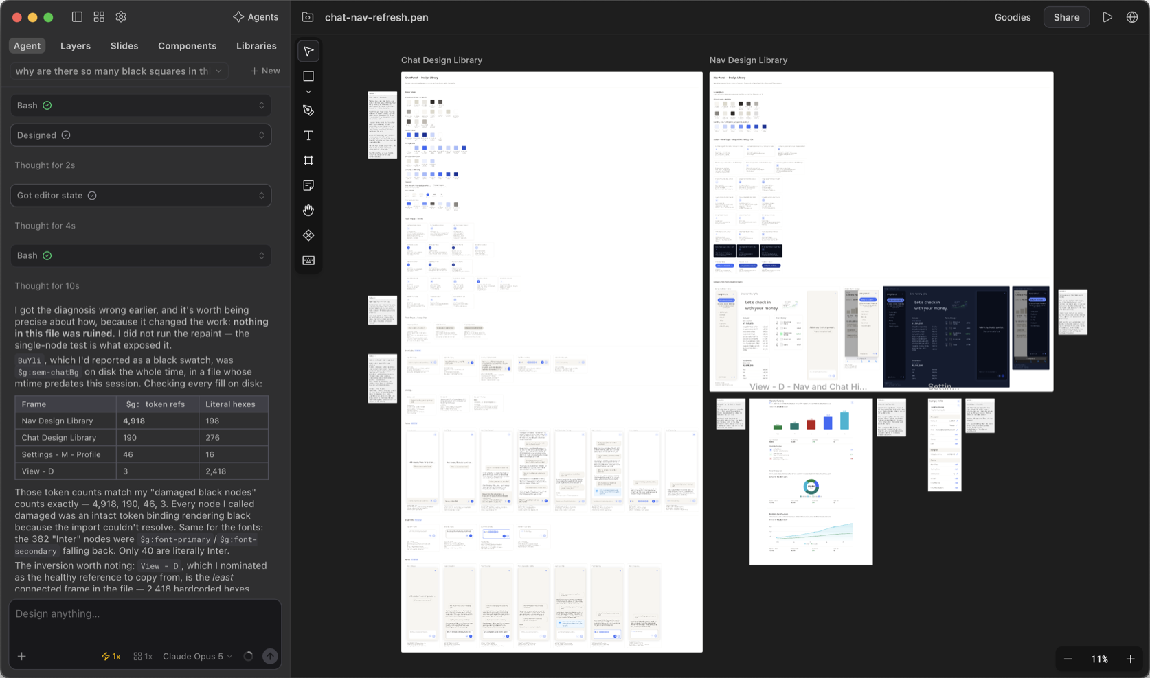 A Pen.dev design file open on the canvas with the chat and navigation design libraries laid out side by side, and an agent working through the file in the panel alongside them