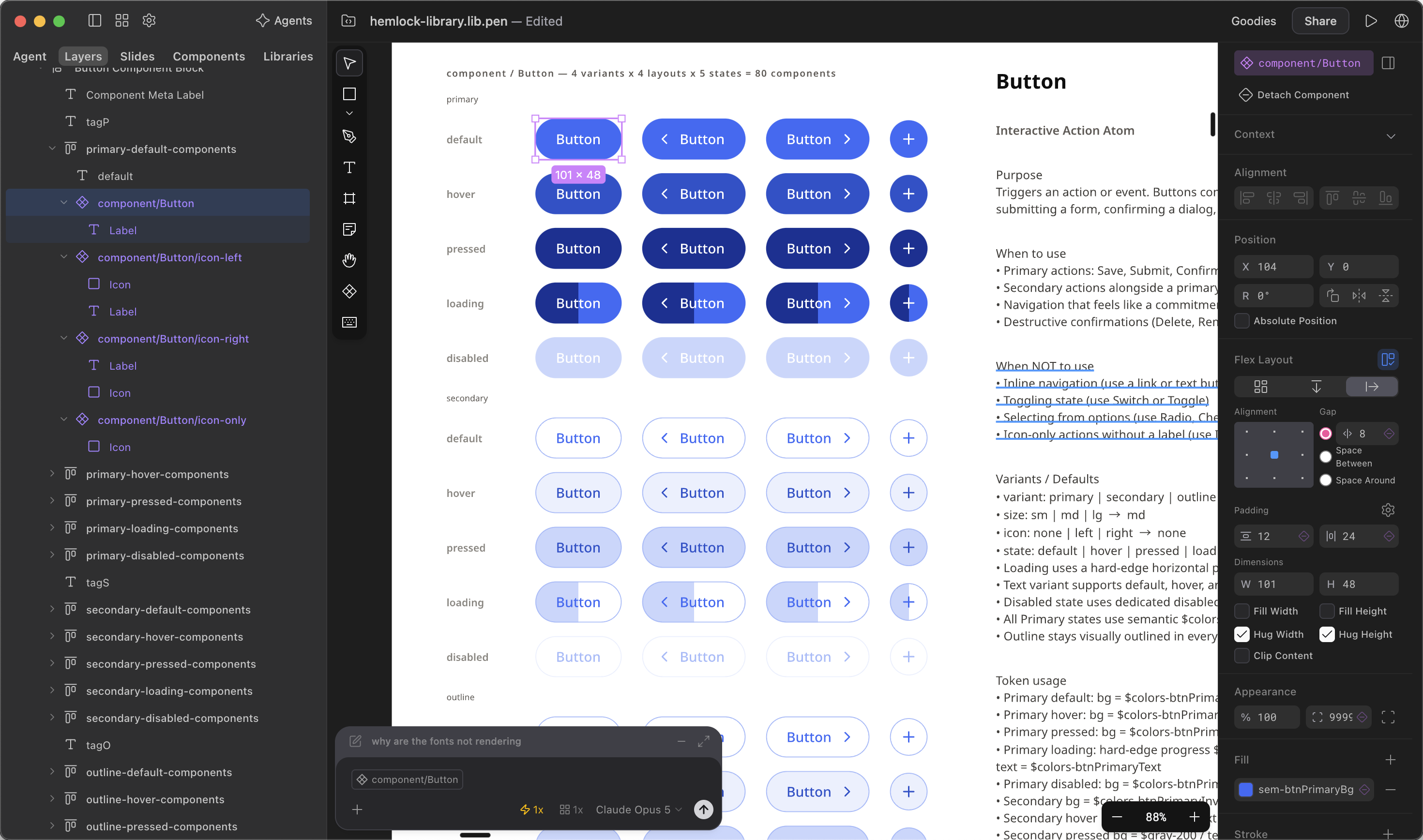 The Hemlock button component in Pen.dev: eighty variants across primary, secondary and outline, each in default, hover, pressed, loading and disabled, with the layers panel, properties panel and usage documentation open