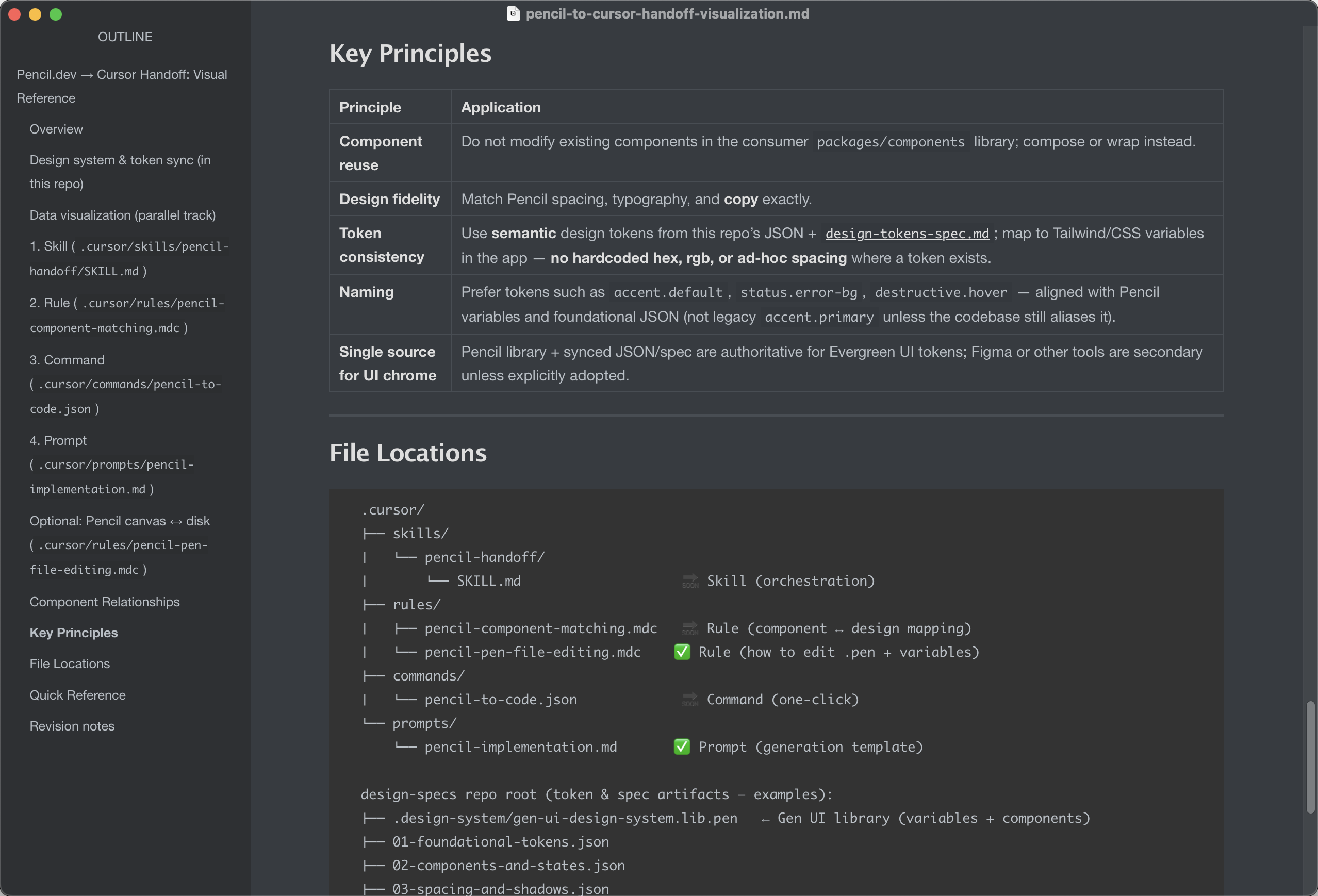 The handoff document's key principles table and file locations, listing the skill, rules, commands and prompts that govern component reuse, design fidelity and token consistency