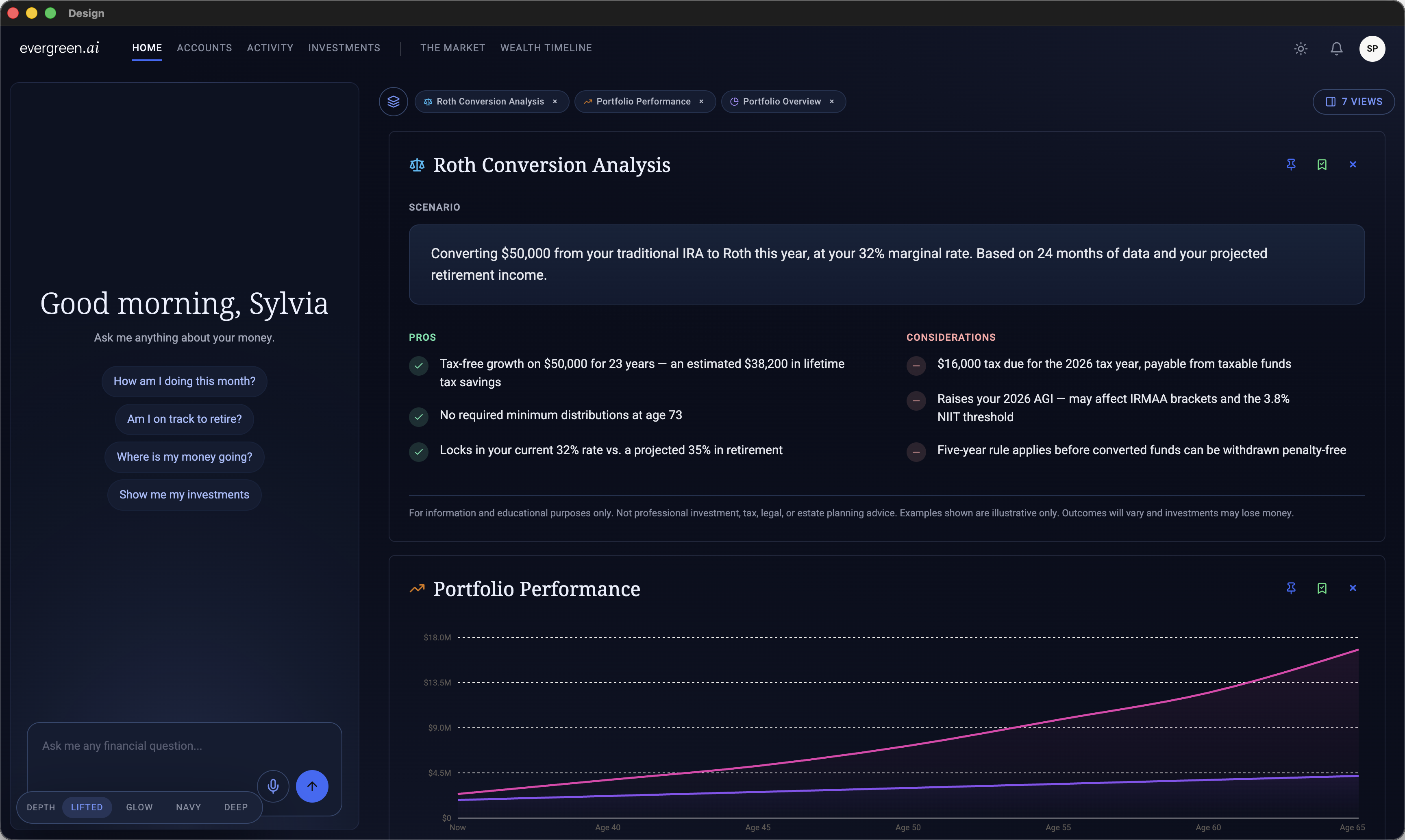 Proposed Evergreen.ai desktop layout with chat on the left and a larger View area showing a Roth conversion analysis and portfolio chart in the Midnight navy theme