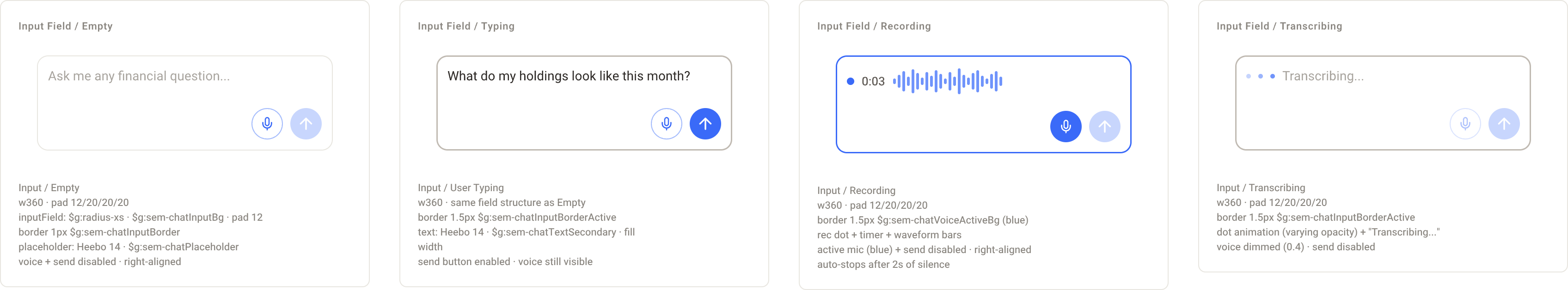 Voice input component shown in empty, typing, recording, and transcribing states