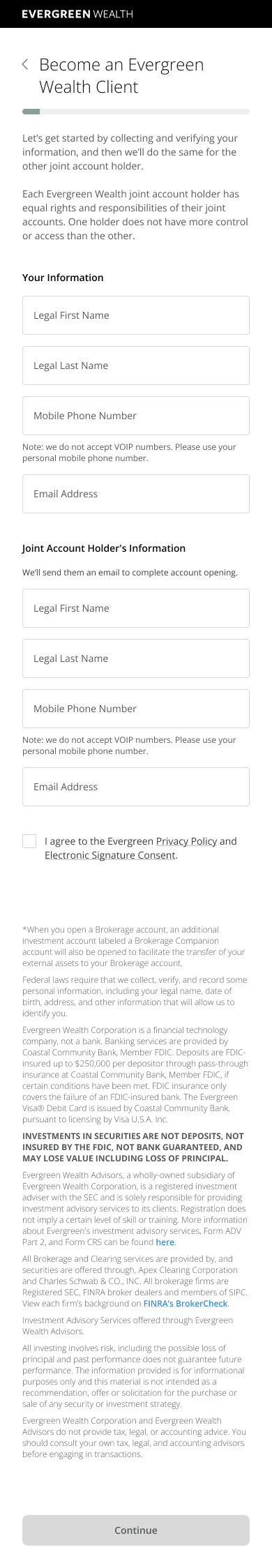 Evergreen Wealth mobile contact form with information for both account holders