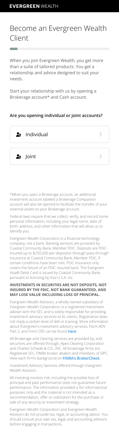 Evergreen Wealth mobile screen asking whether a client is opening individual or joint accounts